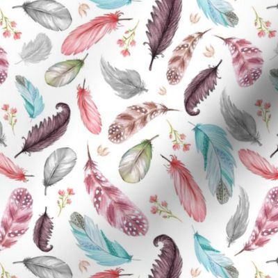 Feathers + Flowers, Pink Peach Teal Eggplant Gray
