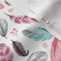Feathers + Flowers, Pink Peach Teal Eggplant Gray