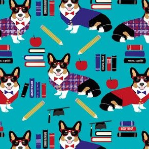 tricolored corgi teacher fabric - back to school fabric, dog fabric, dog breeds fabric, cute dog design -  teal
