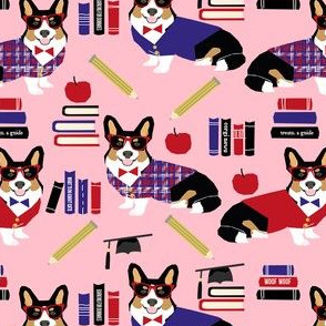 tricolored corgi teacher fabric - back to school fabric, dog fabric, dog breeds fabric, cute dog design -  pink