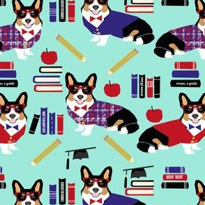 tricolored corgi teacher fabric - back to school fabric, dog fabric, dog breeds fabric, cute dog design - blue