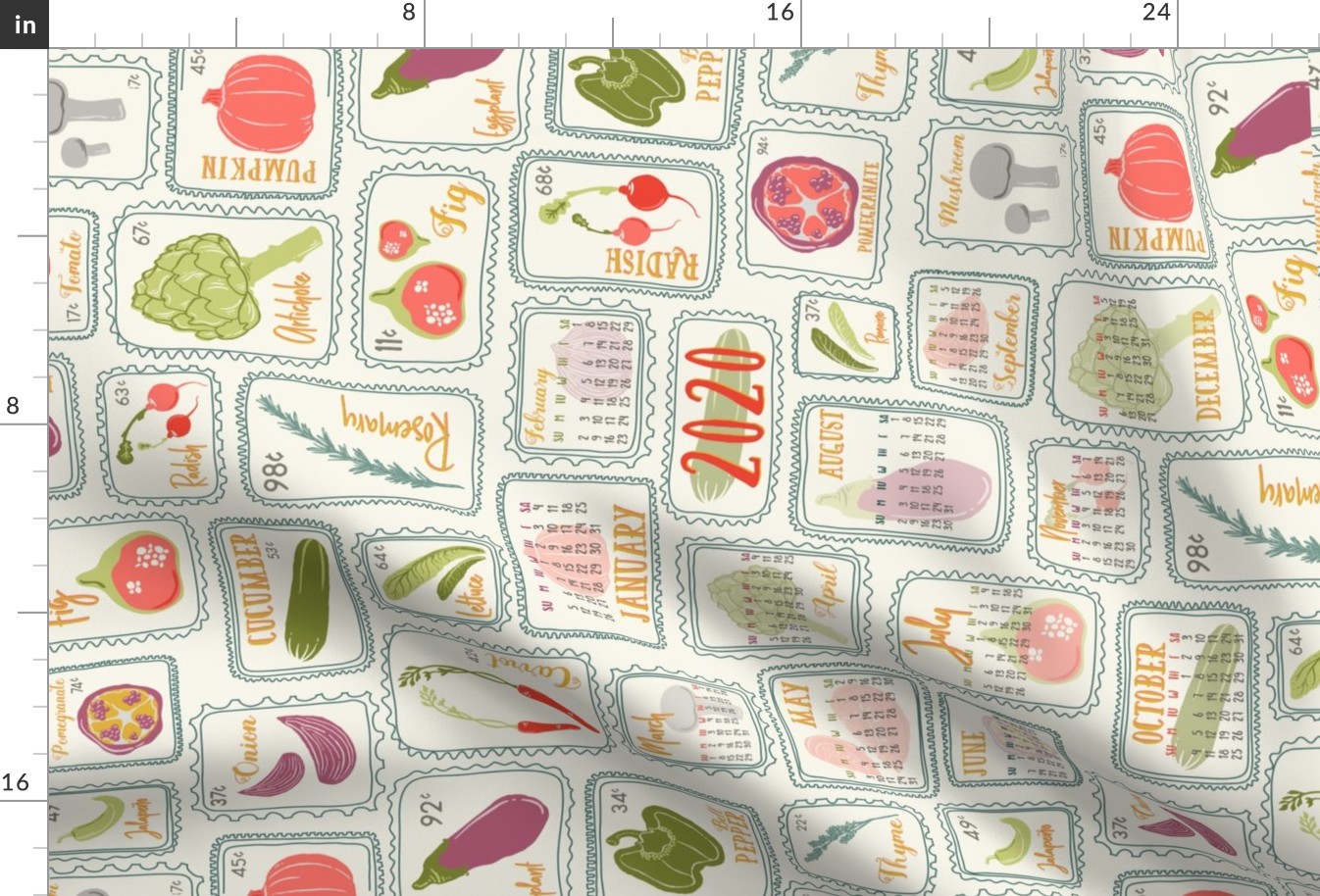 Farmer's Market Veggies 2020 TEA TOWEL Calendar // Artichoke, Fig, Pomegranate, Bell Pepper, Capsicum, Mushroom, Lettuce, Salad, Radish, Rosemary, Lavender, Carrot, Tomato, Jalapeno, Onion, Pumpkin, Squash, Eggplant // Healthy Living