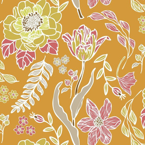 Modern Floral in Mustard Yellow, Red, Gray & White