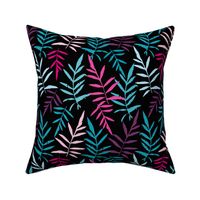 leafs tropical fern palm. Magenta pink purple sky blue aqua silhouette on black background