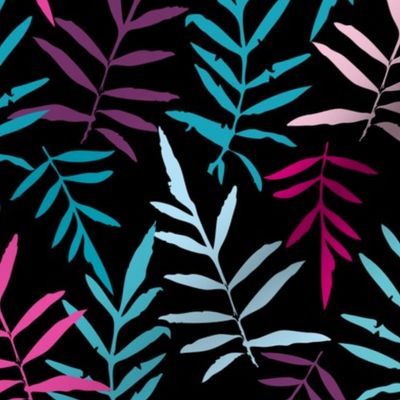 leafs tropical fern palm. Magenta pink purple sky blue aqua silhouette on black background