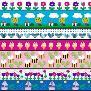 Stripes of Summer / bees - Icecream - Boats / blue - pink - green    