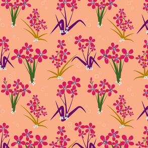 Seamless floral pattern with pink flowers and colorful leaves