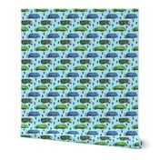 Small Scale Garbage Trucks on Light Blue