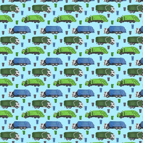 Small Scale Garbage Trucks on Light Blue