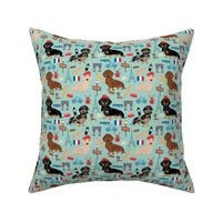 dachshund in paris fabric - dogs in paris, doxie fabric, french fabric, parisian fabric, cute dogs in paris, love dogs, eiffel tower fabric -  mint