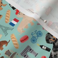 dachshund in paris fabric - dogs in paris, doxie fabric, french fabric, parisian fabric, cute dogs in paris, love dogs, eiffel tower fabric -  mint