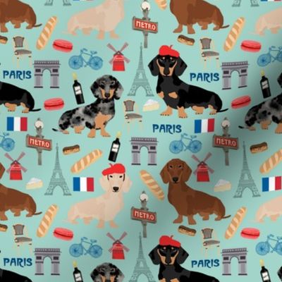 dachshund in paris fabric - dogs in paris, doxie fabric, french fabric, parisian fabric, cute dogs in paris, love dogs, eiffel tower fabric -  mint