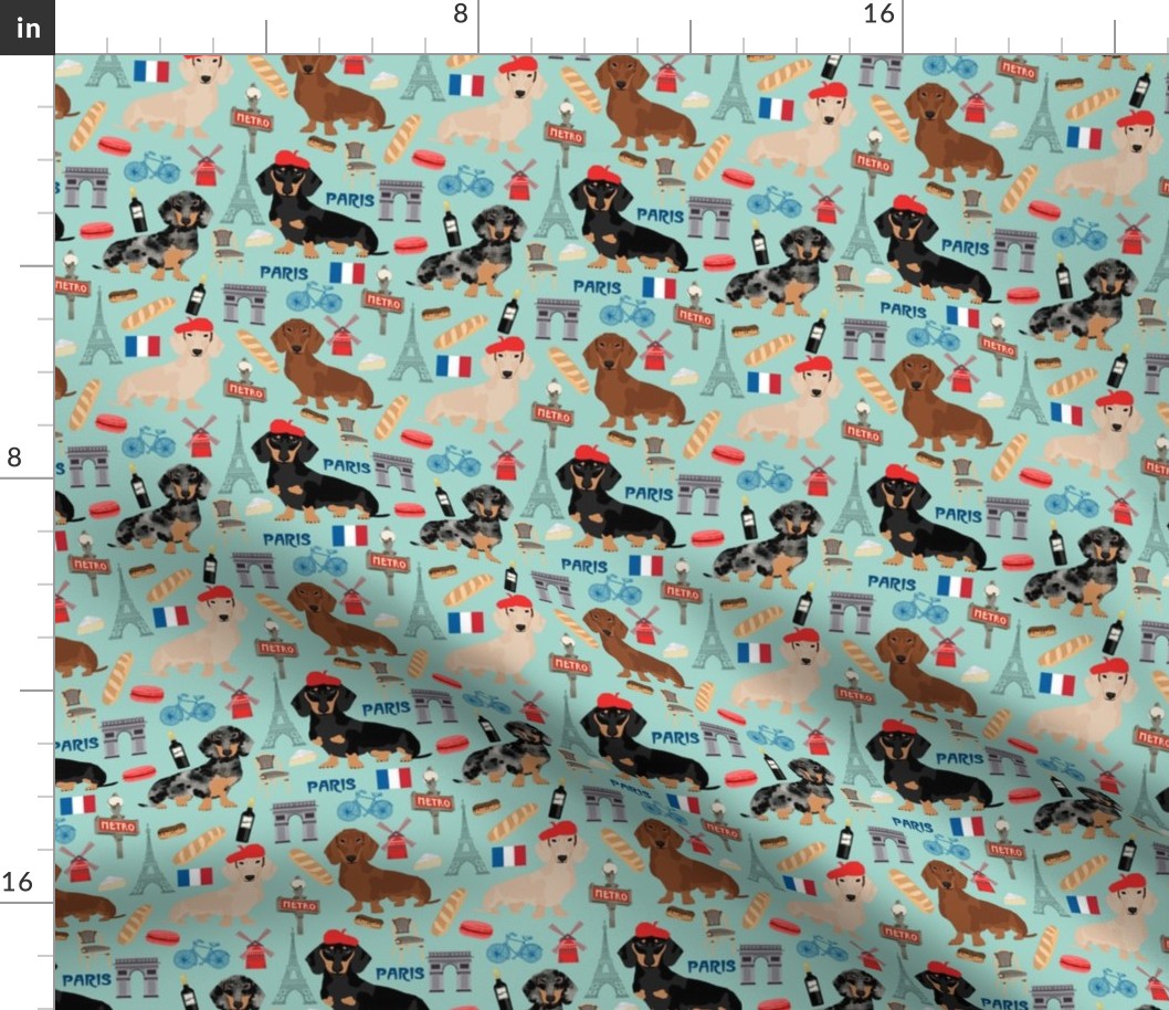 dachshund in paris fabric - dogs in paris, doxie fabric, french fabric, parisian fabric, cute dogs in paris, love dogs, eiffel tower fabric -  mint