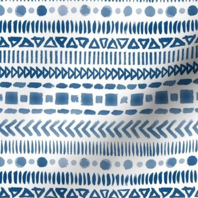 Classic Blue and White Watercolor Geometric Shapes Doodle Stripes - Small Scale