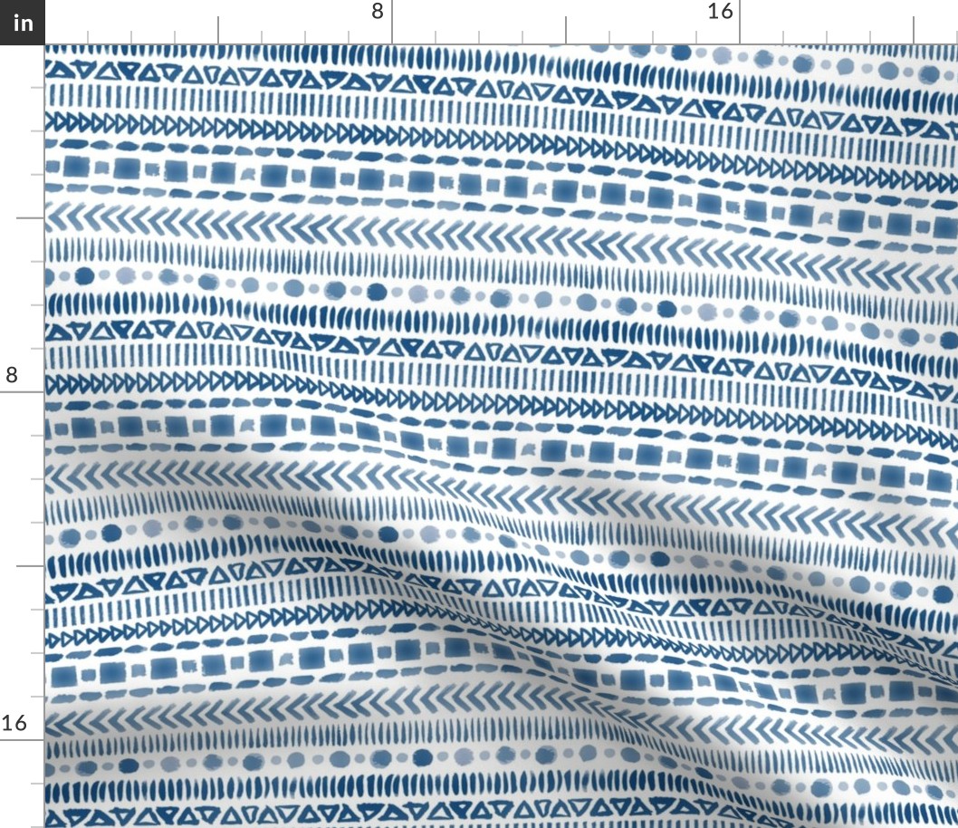 Classic Blue and White Watercolor Geometric Shapes Doodle Stripes - Small Scale