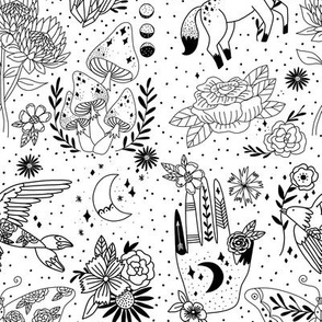 flash pattern fabric - moth, tattoo, crystal, mushrooms, magic mushroom, hippie, pegasus, palmistry, floral, protea fabric -  black and white