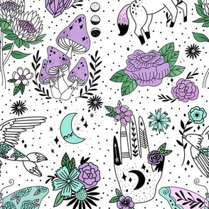flash pattern fabric - moth, tattoo, crystal, mushrooms, magic mushroom, hippie, pegasus, palmistry, floral, protea fabric -  purple