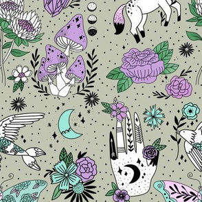 flash pattern fabric - moth, tattoo, crystal, mushrooms, magic mushroom, hippie, pegasus, palmistry, floral, protea fabric - sage