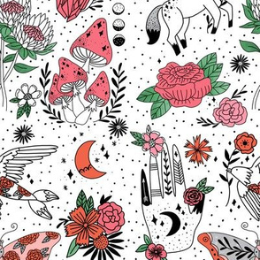 flash pattern fabric - moth, tattoo, crystal, mushrooms, magic mushroom, hippie, pegasus, palmistry, floral, protea fabric -  pinks