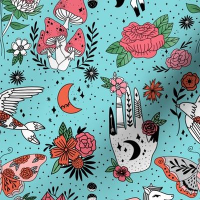 flash pattern fabric - moth, tattoo, crystal, mushrooms, magic mushroom, hippie, pegasus, palmistry, floral, protea fabric -  aqua