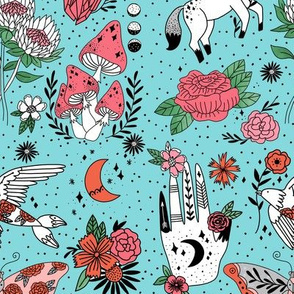 flash pattern fabric - moth, tattoo, crystal, mushrooms, magic mushroom, hippie, pegasus, palmistry, floral, protea fabric -  aqua