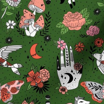 flash pattern fabric - moth, tattoo, crystal, mushrooms, magic mushroom, hippie, pegasus, palmistry, floral, protea fabric - green
