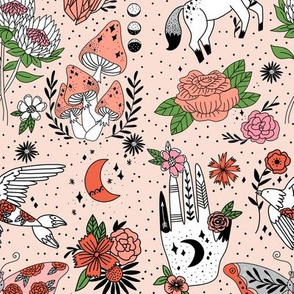 flash pattern fabric - moth, tattoo, crystal, mushrooms, magic mushroom, hippie, pegasus, palmistry, floral, protea fabric -  rose