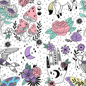 flash pattern fabric - moth, tattoo, crystal, mushrooms, magic mushroom, hippie, pegasus, palmistry, floral, protea fabric -  pastel