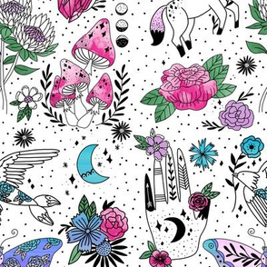 flash pattern fabric - moth, tattoo, crystal, mushrooms, magic mushroom, hippie, pegasus, palmistry, floral, protea fabric - watercolor
