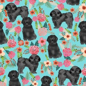 black shih tzu floral fabric - dog fabric, shih tzu fabric, cute dog fabric - turquoise