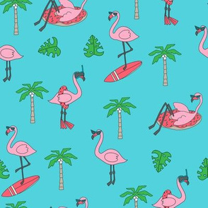 flamingo party fabric - flamingo, flamingos fabric, summer fabric, pool, float, beach, palm tree, tropical fabric -  teal