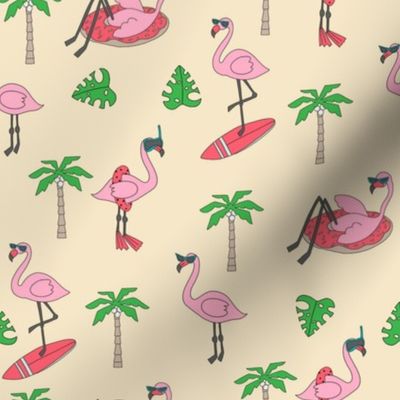 flamingo party fabric - flamingo, flamingos fabric, summer fabric, pool, float, beach, palm tree, tropical fabric -  yellow