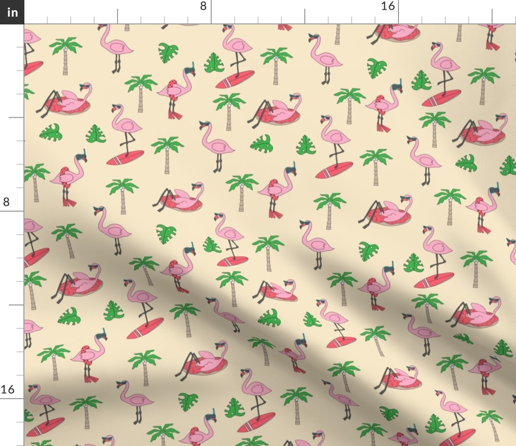flamingo party fabric - flamingo, flamingos fabric, summer fabric, pool, float, beach, palm tree, tropical fabric -  yellow