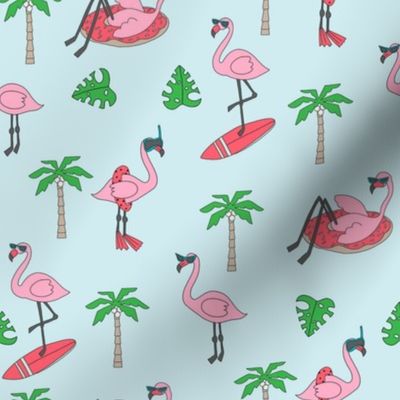 flamingo party fabric - flamingo, flamingos fabric, summer fabric, pool, float, beach, palm tree, tropical fabric - light blue