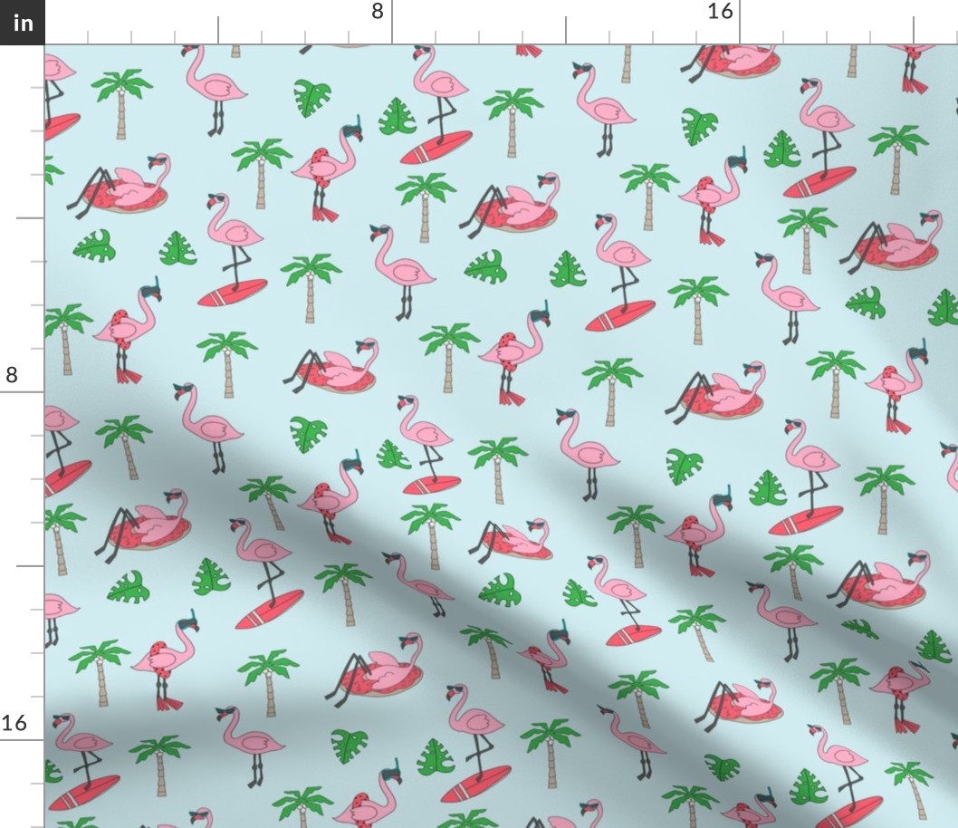 flamingo party fabric - flamingo, flamingos fabric, summer fabric, pool, float, beach, palm tree, tropical fabric - light blue