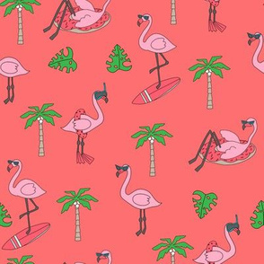 flamingo party fabric - flamingo, flamingos fabric, summer fabric, pool, float, beach, palm tree, tropical fabric -  coral