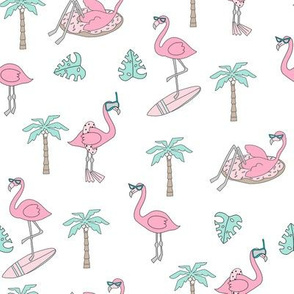 flamingo party fabric - flamingo, flamingos fabric, summer fabric, pool, float, beach, palm tree, tropical fabric -  pastel