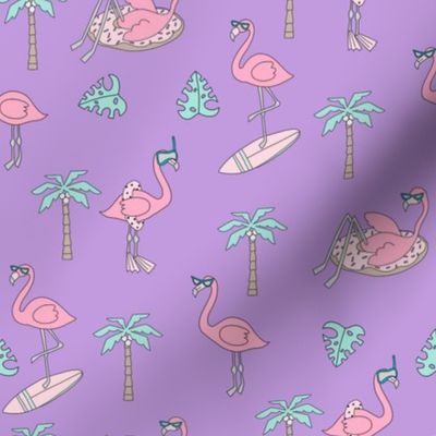 flamingo party fabric - flamingo, flamingos fabric, summer fabric, pool, float, beach, palm tree, tropical fabric -  purple