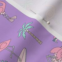 flamingo party fabric - flamingo, flamingos fabric, summer fabric, pool, float, beach, palm tree, tropical fabric -  purple