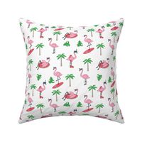 flamingo party fabric - flamingo, flamingos fabric, summer fabric, pool, float, beach, palm tree, tropical fabric - white