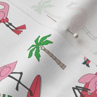 flamingo party fabric - flamingo, flamingos fabric, summer fabric, pool, float, beach, palm tree, tropical fabric - white