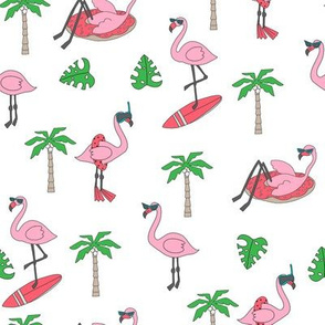 flamingo party fabric - flamingo, flamingos fabric, summer fabric, pool, float, beach, palm tree, tropical fabric - white