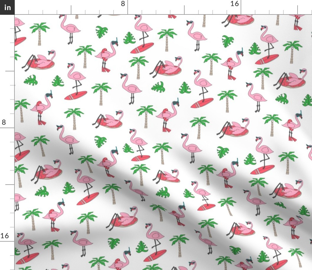 flamingo party fabric - flamingo, flamingos fabric, summer fabric, pool, float, beach, palm tree, tropical fabric - white