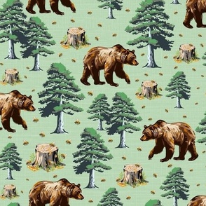 Honey Bees & Brown Bear Country, Wild Grizzly Bears Forest, Flying Buzzing Bee in Woods on Green