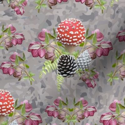 Red and White Mushroom Forest, Cute Spotted Toadstool Garden, Woodland Fungi Forest Scene, Botanical Pink Hellebore Flowers