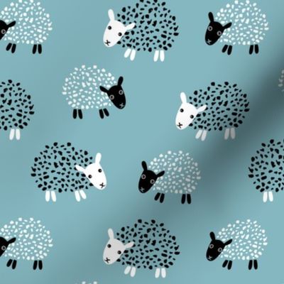 Scandinavian sweet sheep and goat illustration for kids gender neutral blue winter