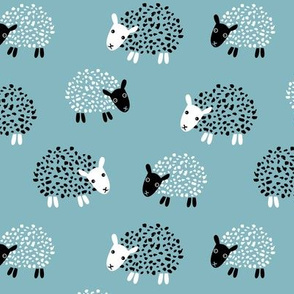 Scandinavian sweet sheep and goat illustration for kids gender neutral blue winter
