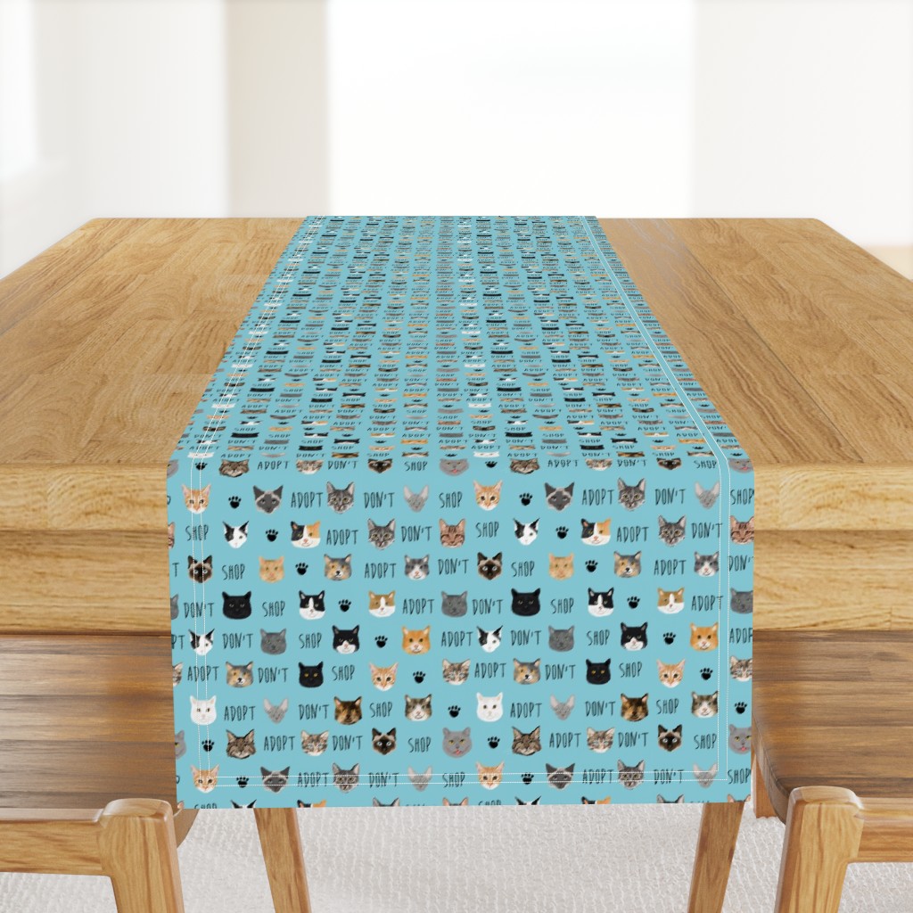 adopt don't shop cat fabric - rescue cat fabric , cat adoption fabric, cats - light blue