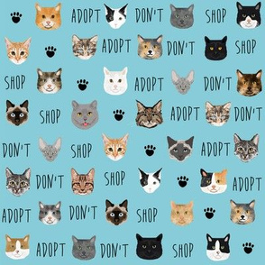 adopt don't shop cat fabric - rescue cat fabric , cat adoption fabric, cats - light blue