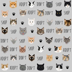 adopt don't shop cat fabric - rescue cat fabric , cat adoption fabric, cats -grey